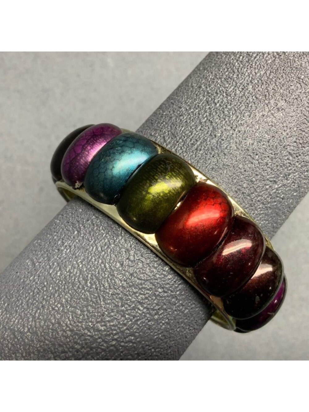 Domed Multicolor Bangle Bracelet 2.75 In As Is Reptile Teal Purple Green Silver